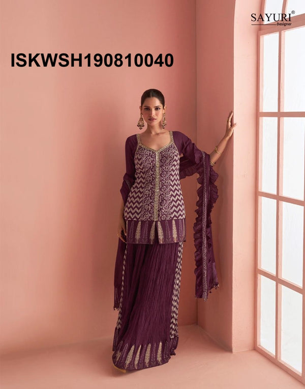 Embroidered Chinon Kurti With Sharara And Dupatta-ISKWSH190810040