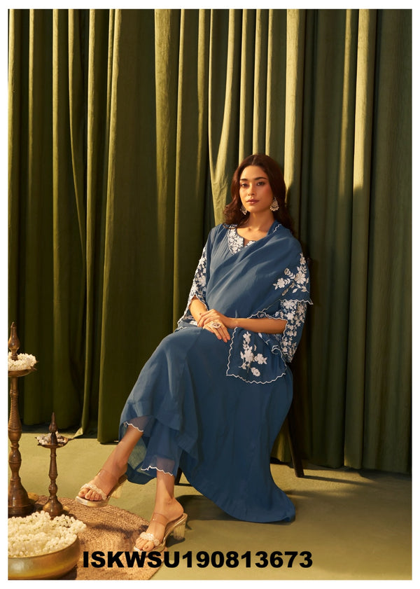 Embroidered Malmal Chanderi Kurti With Pant And Dupatta-ISKWSU190813673
