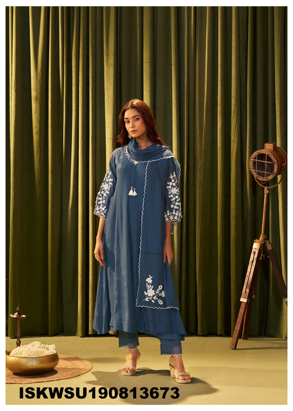 Embroidered Malmal Chanderi Kurti With Pant And Dupatta-ISKWSU190813673