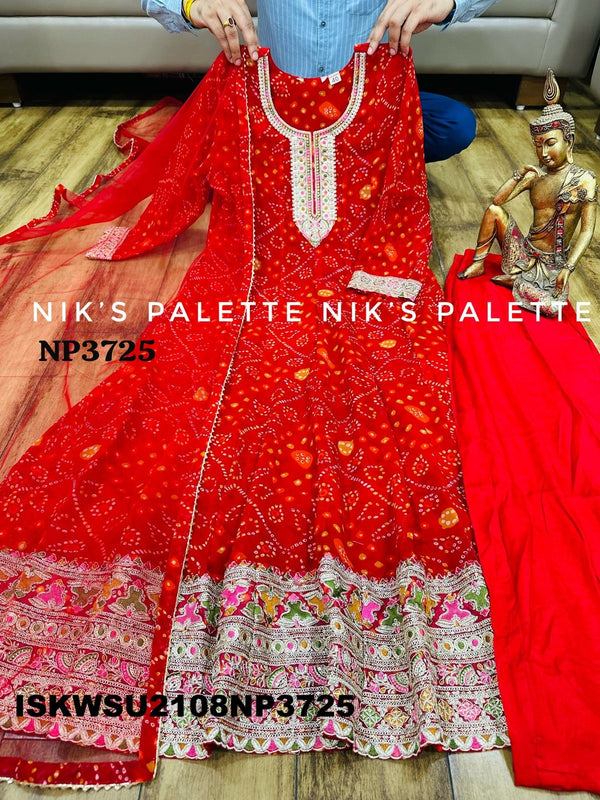 Bandhani Printed Georgette Anarkali Kurti With Pant And Net Dupatta-ISKWSU2108NP3725