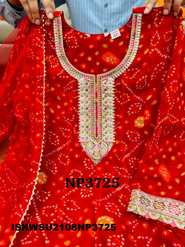 Bandhani Printed Georgette Anarkali Kurti With Pant And Net Dupatta-ISKWSU2108NP3725