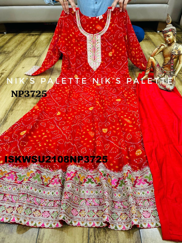 Bandhani Printed Georgette Anarkali Kurti With Pant And Net Dupatta-ISKWSU2108NP3725