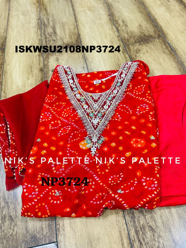 Bandhani Printed Georgette Kurti With Pant And Net Dupatta-ISKWSU2108NP3724