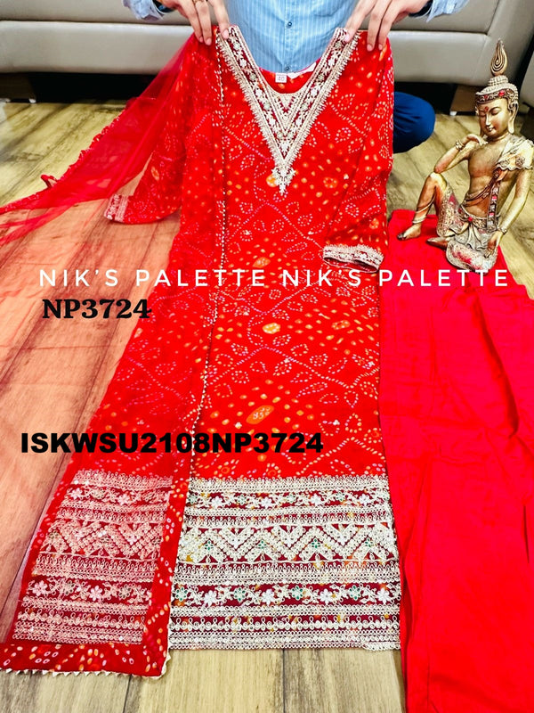 Bandhani Printed Georgette Kurti With Pant And Net Dupatta-ISKWSU2108NP3724