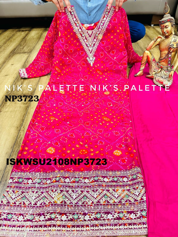 Bandhani Printed Georgette Kurti With Pant And Net Dupatta-ISKWSU2108NP3723