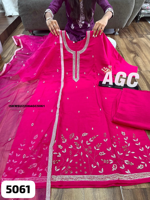 Embroidered Maslin Silk Kurti With Pant And Organza Dupatta-ISKWSU2208AGC5061