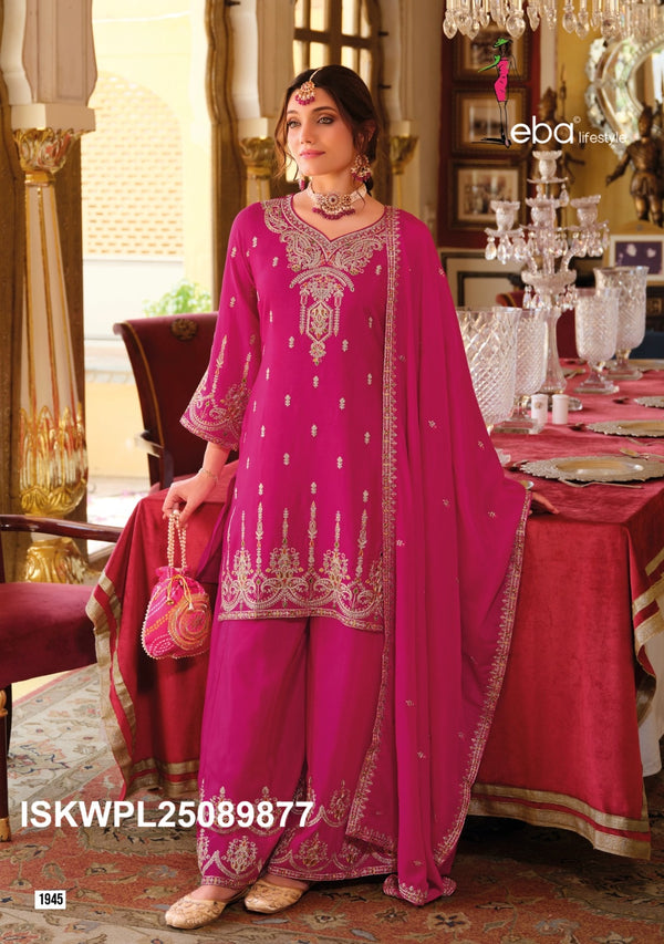 Embroidered Chinon Kurti With Palazzo And Dupatta-ISKWPL25089877