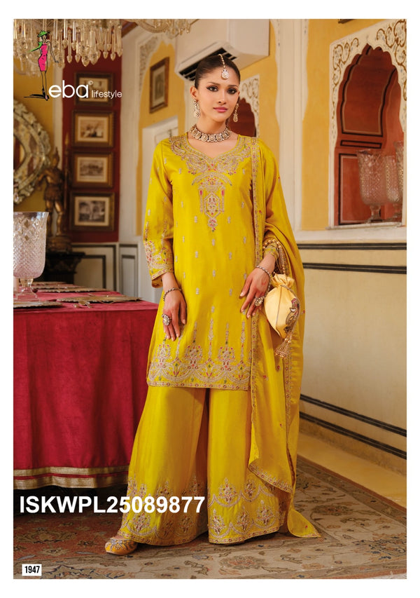 Embroidered Chinon Kurti With Palazzo And Dupatta-ISKWPL25089877