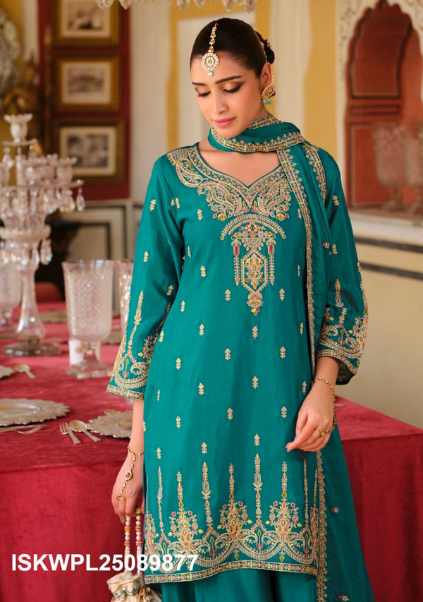 Embroidered Chinon Kurti With Palazzo And Dupatta-ISKWPL25089877