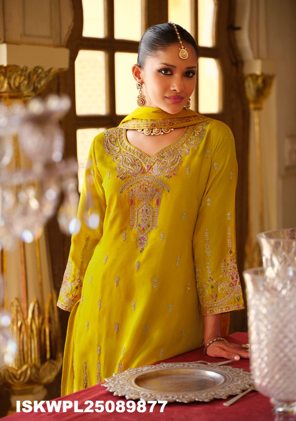 Embroidered Chinon Kurti With Palazzo And Dupatta-ISKWPL25089877