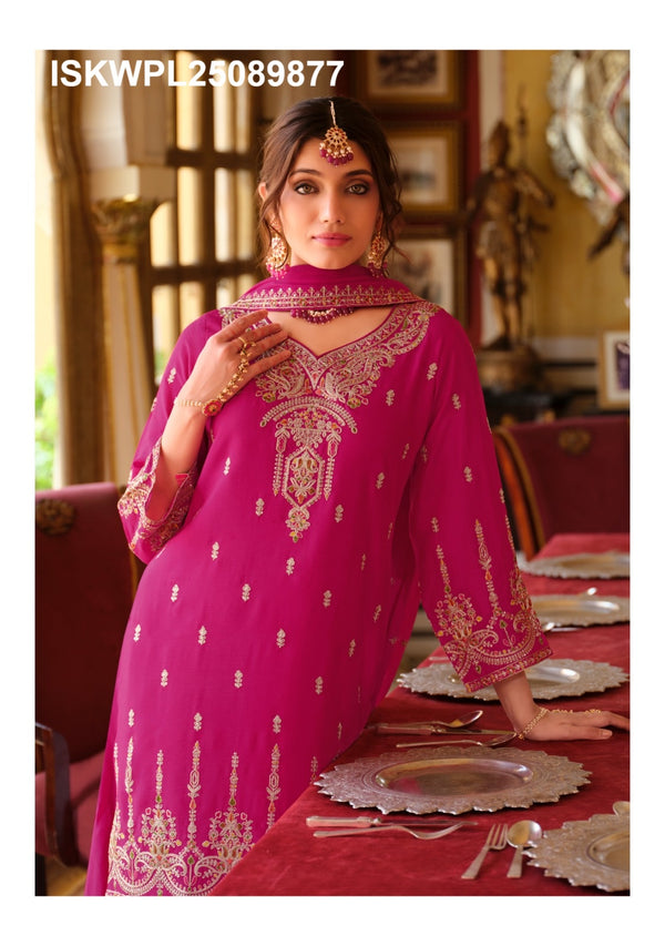 Embroidered Chinon Kurti With Palazzo And Dupatta-ISKWPL25089877