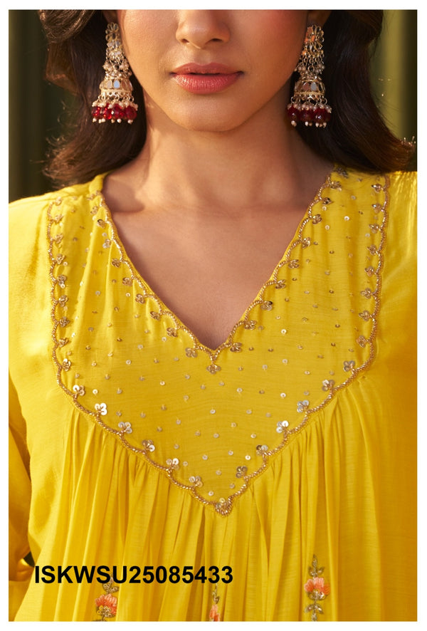 Embroidered Malmal Chanderi Kurti With Pant And Dupatta-ISKWSU25085433