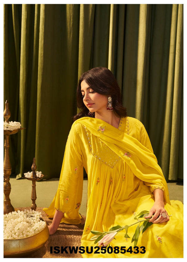 Embroidered Malmal Chanderi Kurti With Pant And Dupatta-ISKWSU25085433