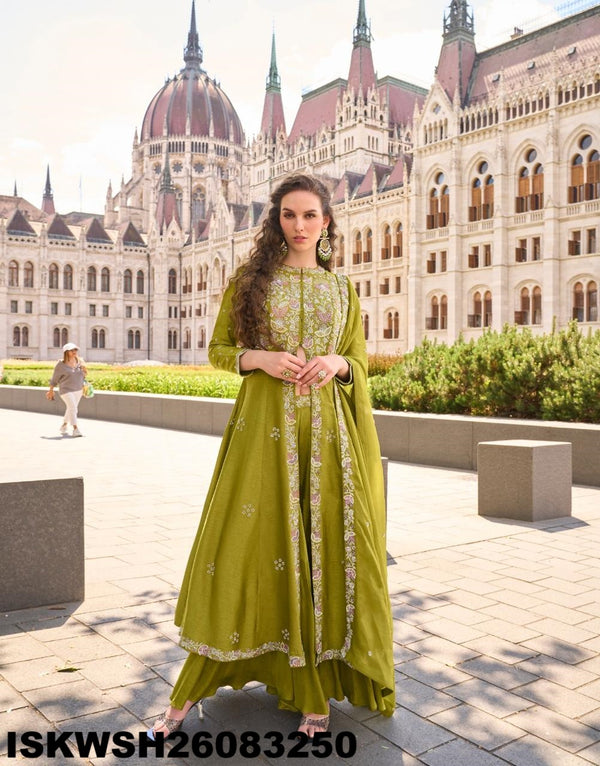 Embroidered Silk Front Slit Flared Kurti With Sharara And Dupatta-ISKWSH26083250