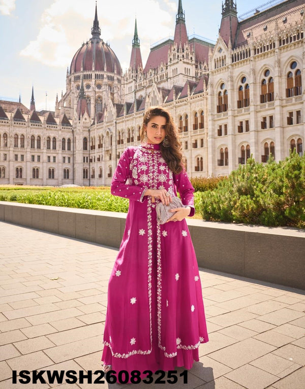 Embroidered Silk Front Slit Flared Kurti With Sharara And Dupatta-ISKWSH26083251
