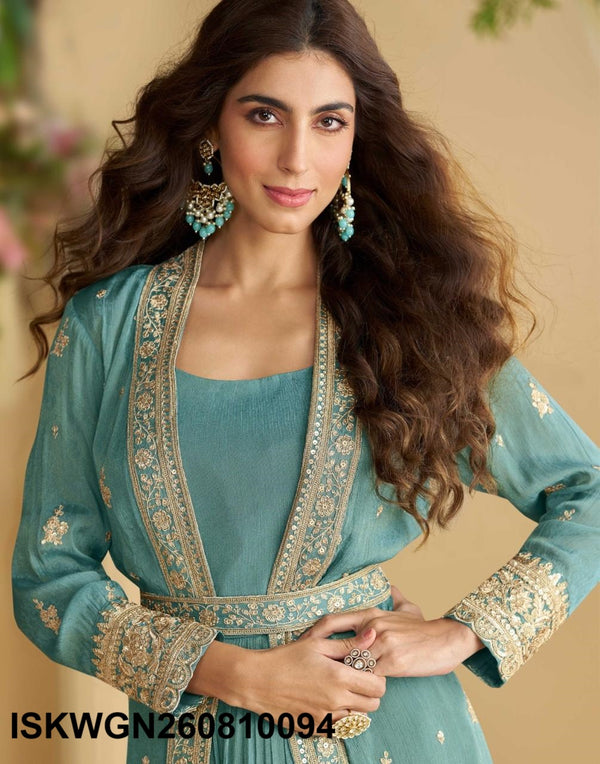 Chinon Silk Gown With Embroidered Shrug-ISKWGN260810094