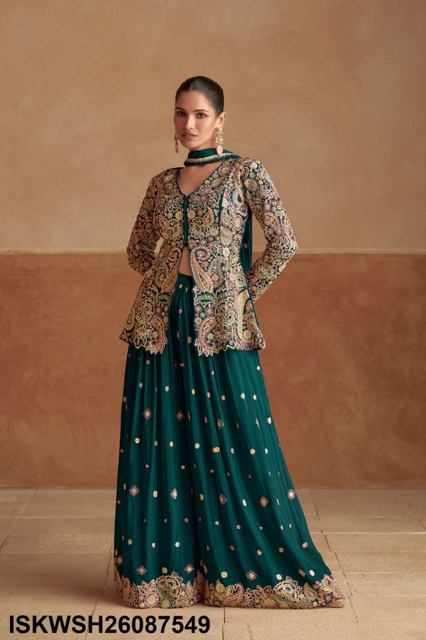 Embroidered Chinon Top With Sharara And Dupatta-ISKWSH26087549