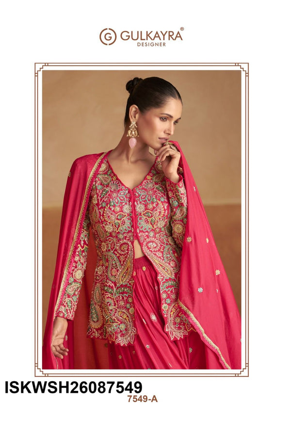 Embroidered Chinon Top With Sharara And Dupatta-ISKWSH26087549