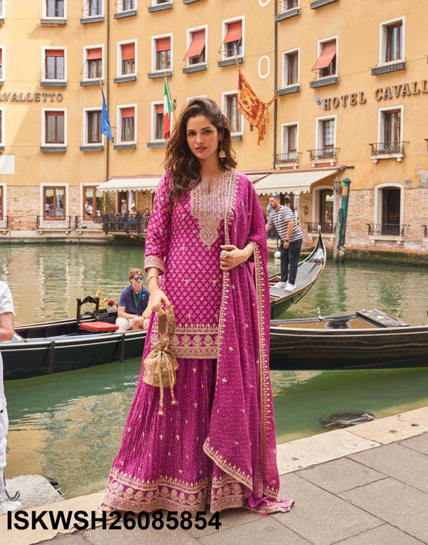 Embroidered Chinon Silk Kurti With Sharara And Dupatta-ISKWSH26085854