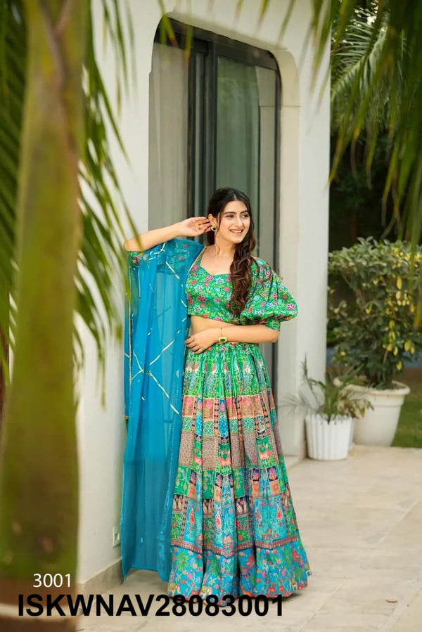 Digital Printed Silk Lehenga With Blouse And Organza Dupatta-ISKWNAV28083001