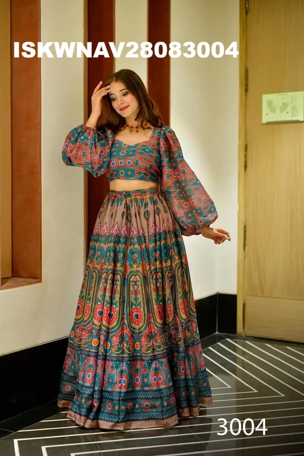 Digital Printed Silk Lehenga With Blouse And Organza Dupatta-ISKWNAV28083004