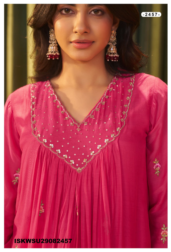 Embroidered Malmal Chanderi Kurti With Pant And Dupatta-ISKWSU29082457