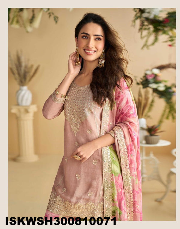Embroidered Chinon Silk Kurti With Printed Sharara And Dupatta-ISKWSH300810071