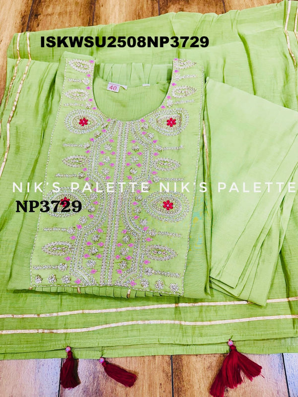 Embroidered Malmal Chanderi A-Line Kurti With Pant And Dupatta-ISKWSU2508NP3729