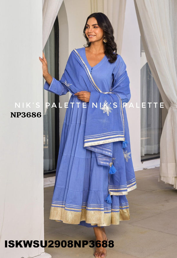 Sequined Malmal Cotton Anarkali Kurti With Pant And Dupatta-ISKWSU2908NP3688