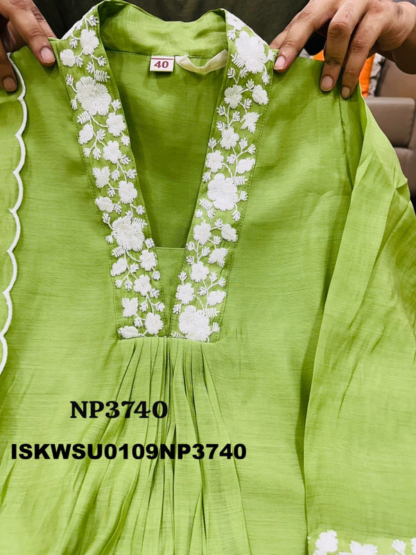 Embroidered Malmal Chanderi A-Line Kurti With Pant And Dupatta-ISKWSU0109NP3740
