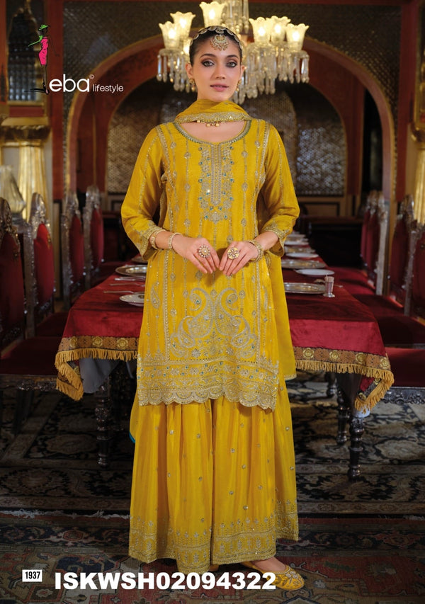 Embroidered Chinon Kurti With Sharara And Dupatta-ISKWSH02094322