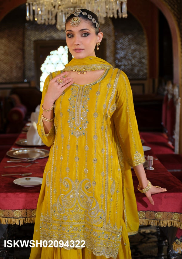 Embroidered Chinon Kurti With Sharara And Dupatta-ISKWSH02094322