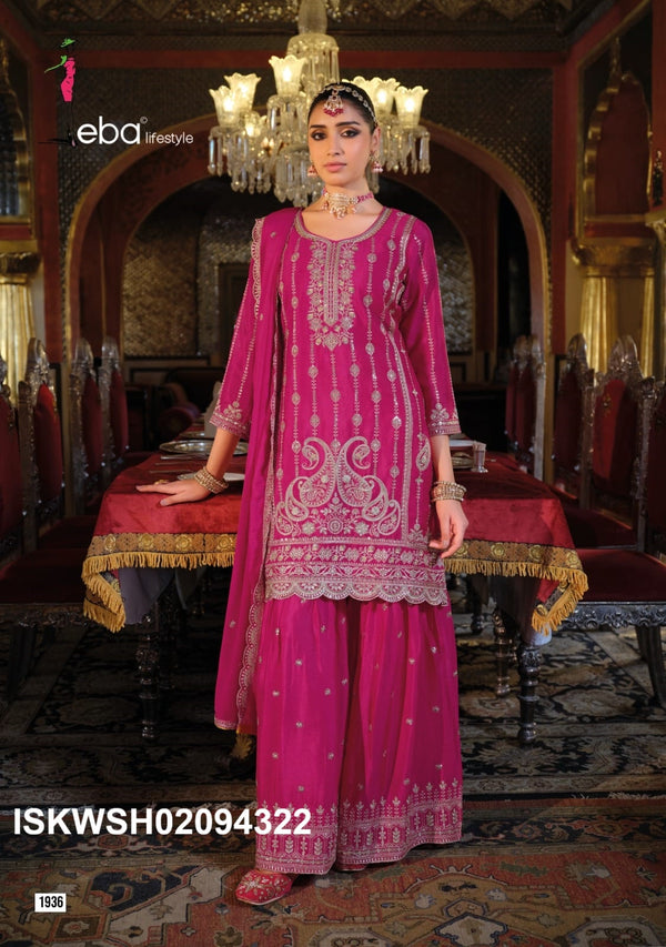 Embroidered Chinon Kurti With Sharara And Dupatta-ISKWSH02094322