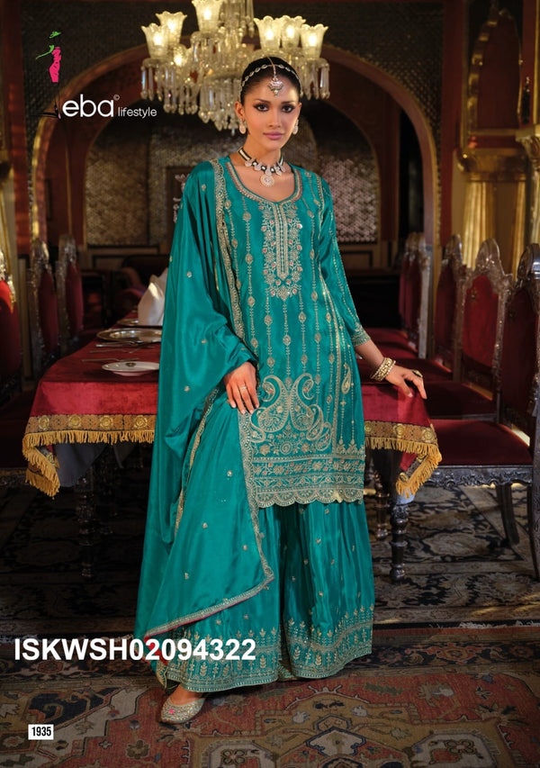 Embroidered Chinon Kurti With Sharara And Dupatta-ISKWSH02094322