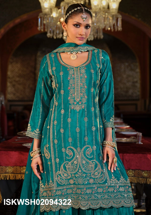 Embroidered Chinon Kurti With Sharara And Dupatta-ISKWSH02094322