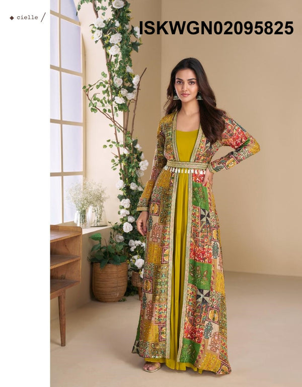 Georgette Gown With Digital Printed Silk Shrug-ISKWGN02095825