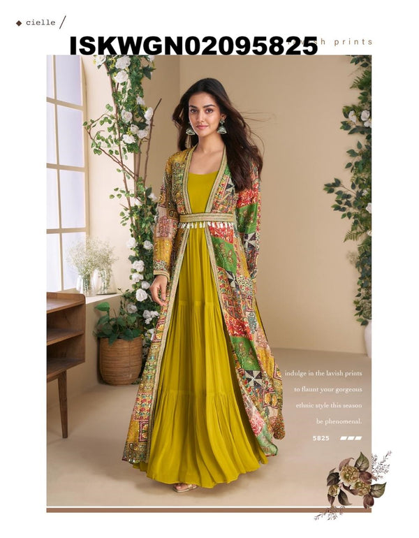 Georgette Gown With Digital Printed Silk Shrug-ISKWGN02095825