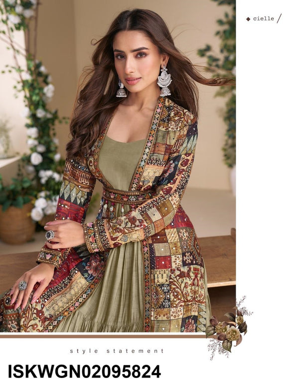 Georgette Gown With Digital Printed Silk Shrug-ISKWGN02095824