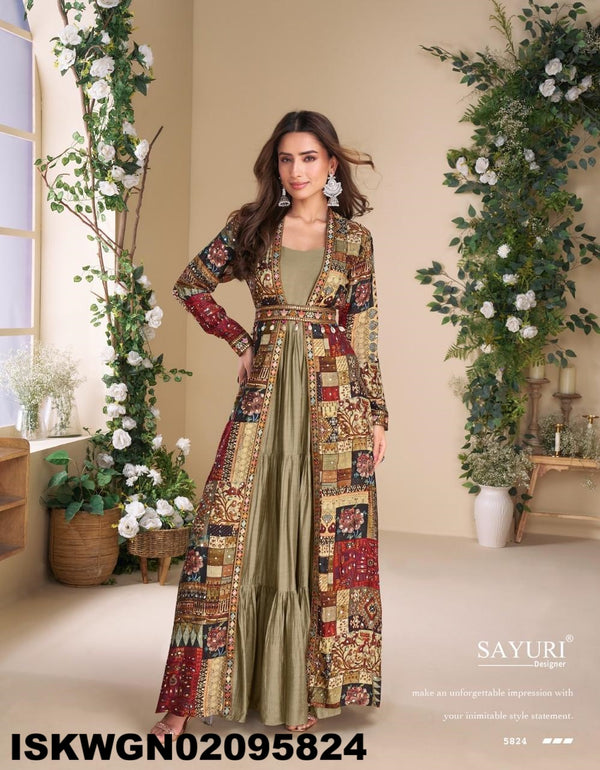 Georgette Gown With Digital Printed Silk Shrug-ISKWGN02095824