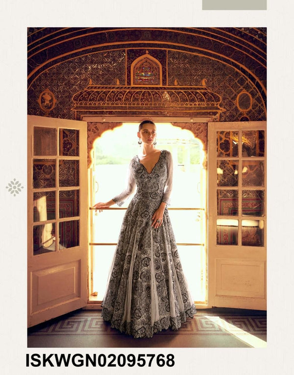 Embroidered Viscose Shimmer Jacquard Silk Gown-ISKWGN02095768