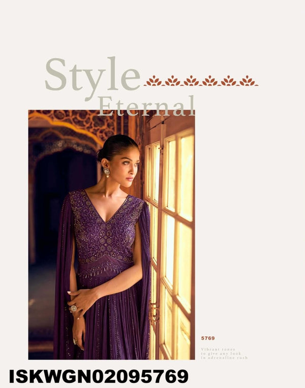 Embroidered Georgette Gown Attached With Cape Dupatta-ISKWGN02095769