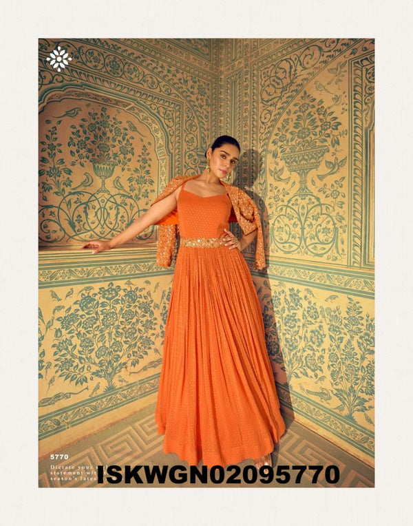 Embroidered Viscose Shimmer Jacquard Silk Gown With Jacket-ISKWGN02095770