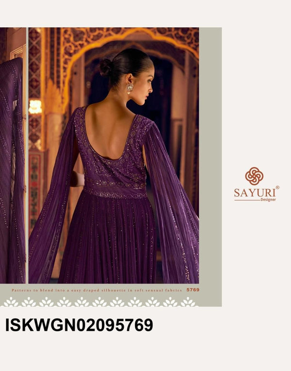 Embroidered Georgette Gown Attached With Cape Dupatta-ISKWGN02095769