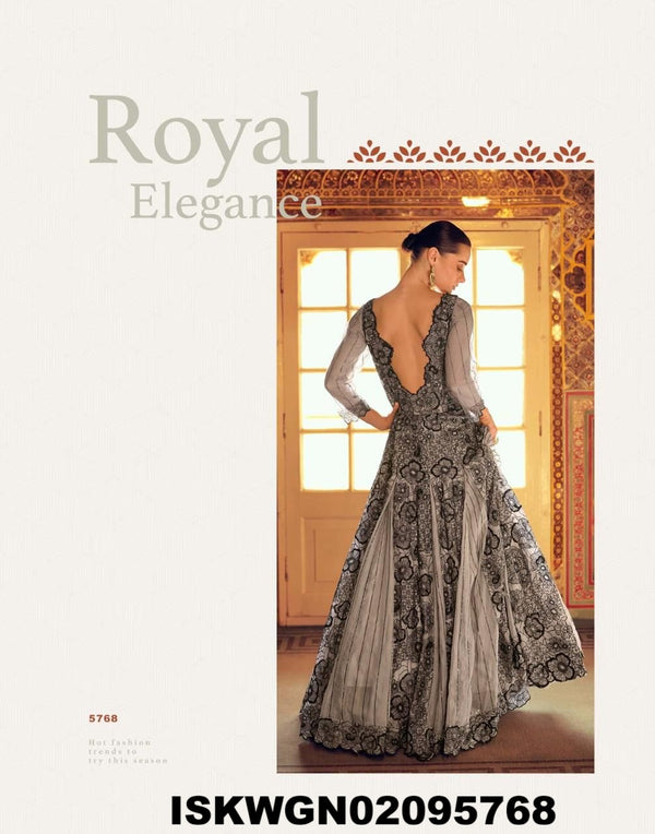 Embroidered Viscose Shimmer Jacquard Silk Gown-ISKWGN02095768