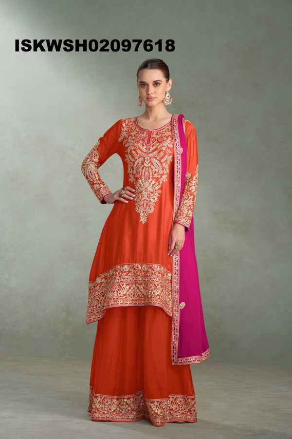 Embroidered Chinon Peplum Kurti With Sharara And Dupatta-ISKWSH02097618