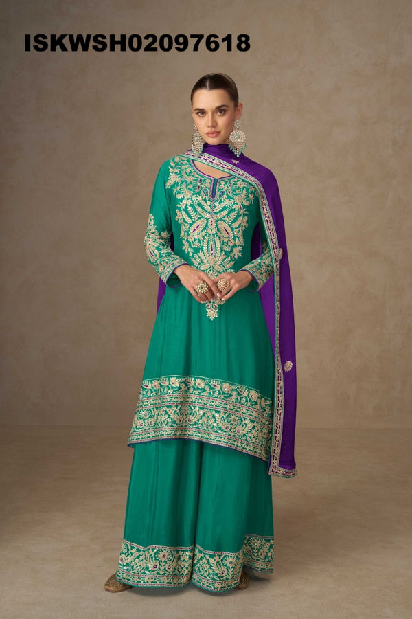 Embroidered Chinon Peplum Kurti With Sharara And Dupatta-ISKWSH02097618