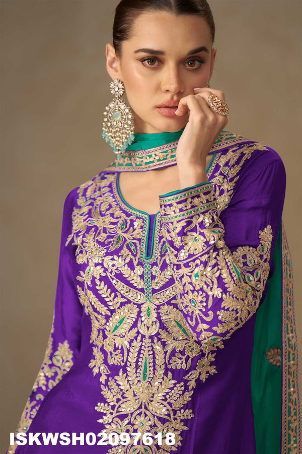 Embroidered Chinon Peplum Kurti With Sharara And Dupatta-ISKWSH02097618