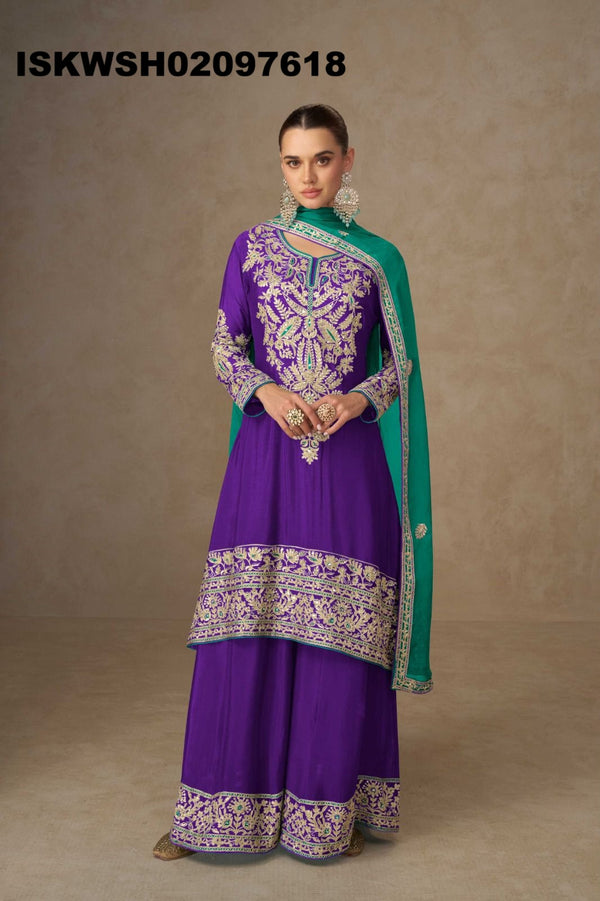 Embroidered Chinon Peplum Kurti With Sharara And Dupatta-ISKWSH02097618
