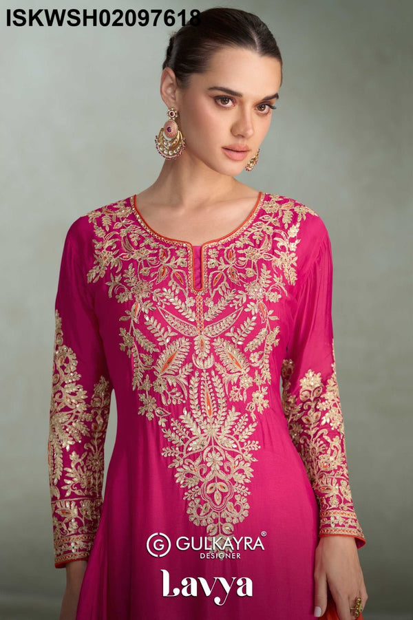 Embroidered Chinon Peplum Kurti With Sharara And Dupatta-ISKWSH02097618