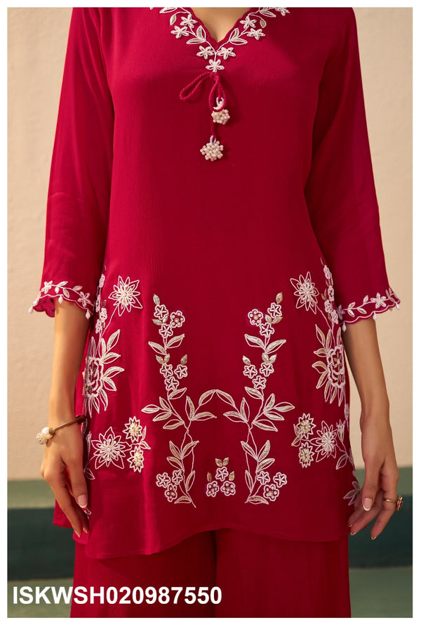 Embroidered Chinon Silk Kurti With Sharara And Dupatta-ISKWSH030987550